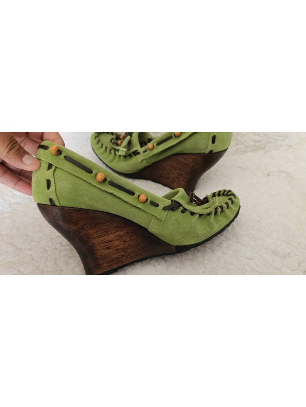 Sam Edelman Leather Wooden Heel Wedge Shoes Moccasins Green Size 8.5 M Slip On - Picture 6 of 15